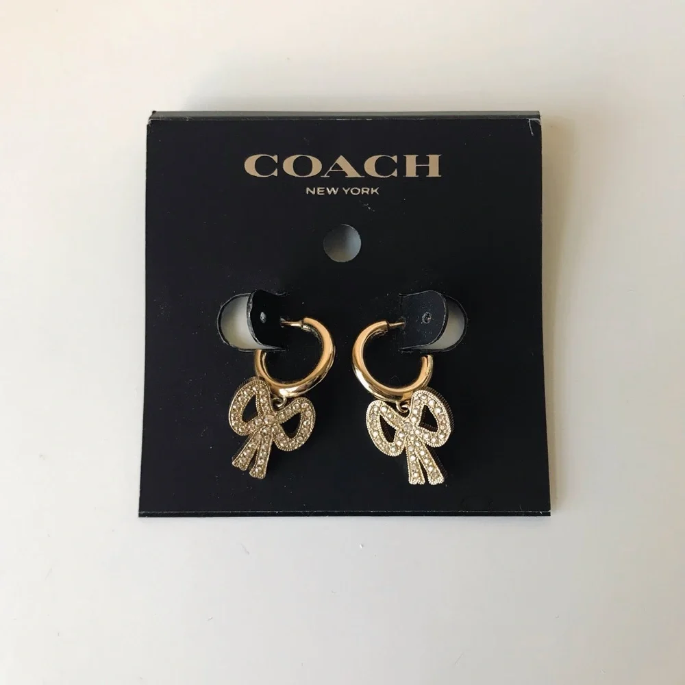 Coach Gold-tone Crystal Bow Hoop Earrings - Picture 1 of 11